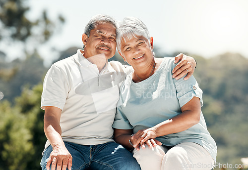 Image of Senior couple, portrait and hug in nature on vacation, holiday or summer bonding. Face, hugging and retirement of man and woman with happiness, love or enjoying quality time together on date outdoor.