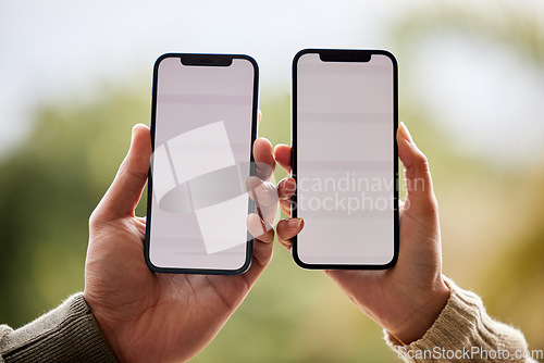 Image of Phone screen, mockup and hands of couple of friends with online promotion and deal space outdoor. Hand, mobile and advertisement on cellphone with connectivity, network and dating app on web