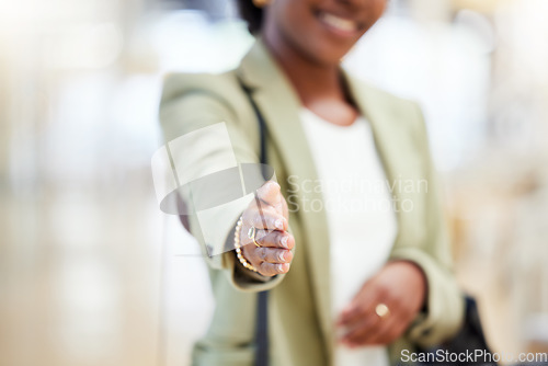 Image of Business woman, handshake and meeting for hiring, introduction or welcome in b2b agreement or deal at the office. Hand of female person or employee shaking hands for recruiting, greeting or thank you