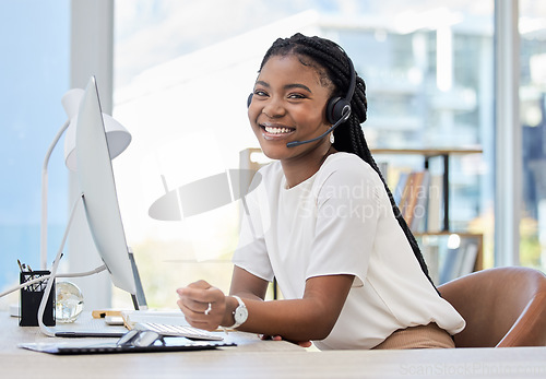 Image of Customer service, portrait or happy black woman in call center tech support consulting for advice. Girl, CRM or friendly virtual assistant in telemarketing or telecom company smiling in mic headset