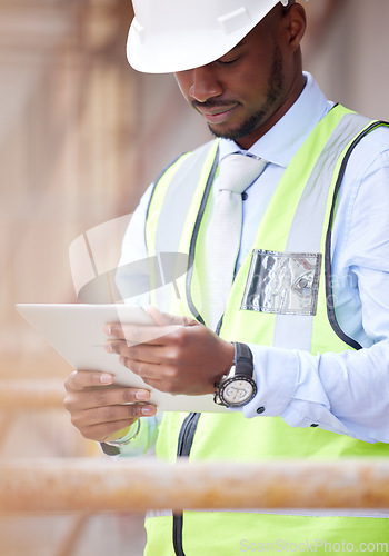 Image of Tablet, architecture and search with black man on construction site for engineering, building or designer. Maintenance, project and technology with contractor for planning and city infrastructure