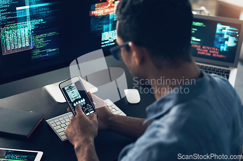 Image of Programming, smartphone or man typing, cyber security or digital software with internet connection. Male person, programmer or coder with a cellphone, technology or analytics with website information