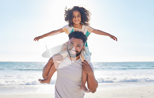 Image of Father, child and piggyback on the beach for summer vacation or holiday love or family and kid smile on a seaside for quality bonding time. Happy, dad and kid relax on nature or travel adventure