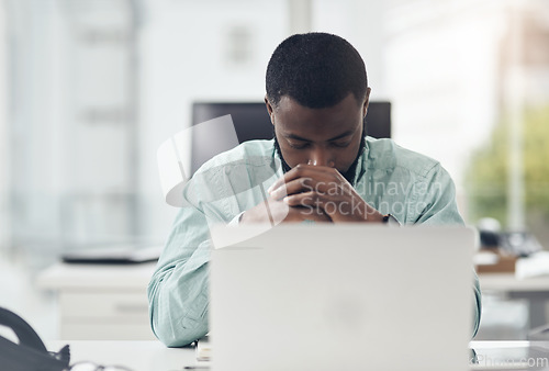 Image of Thinking, stress and business man on computer with mental health risk, sad or depression for online news or mistake. Anxiety, fatigue or tired african person on laptop problem, wrong email or burnout