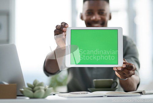 Image of Black man, hands and tablet with green screen mockup for advertising, marketing or branding at office. Hand of businessman holding technology with chromakey display for advertisement or copy space