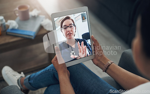 Image of Tablet, virtual consulting with a doctor and a patient in the home for healthcare, medical or online meeting. Video call, telehealth and remote with a person talking to a medicine professional expert