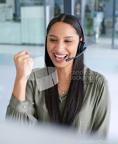 Image of Winning, call center and a woman with a computer for telemarketing, online succees and support. Happy, contact us and a person excited about achievement for customer care on a pc in an office