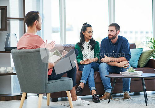 Image of Couple, relationship and marriage with therapy, office and discussion with communication, psychology and talking. Pscyhologist, man or woman with a therapist and employee with advice and help