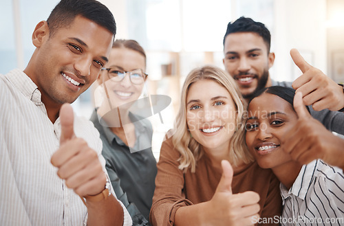 Image of Group, business people and thumbs up in office portrait, diversity and solidarity for smile, teamwork or goals. Men, women and agreement with hand, sign language or emoji for collaboration at startup