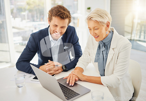 Image of Business people, laptop and happy manager, team or partner reading online information, sales report or research. Collaboration, happiness or senior woman, man or team smile for growth revenue insight