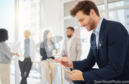 Image of Office networking, tablet and happy man, business people or manager typing team report, online feedback or check agenda. Event schedule, reading or profile of corporate person smile for meeting notes