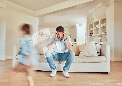 Image of Headache, father and kids running in living room, depression and fatigue. Stress, tired dad and children run in lounge, exhausted or burnout, migraine or frustrated, pain or noise on sofa in house