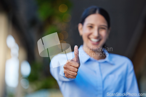 Image of Thumbs up, portrait and business woman for outdoor success, like and okay or support, vote and subscribe sign. Happy face of professional person or winner in yes, winning and agreement hands or emoji