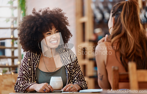 Image of Coffee shop, friends and women in conversation, happy discussion and talking of small business or restaurant review. Excited, gen z and customer or african people chat, funny and drink tea at a cafe