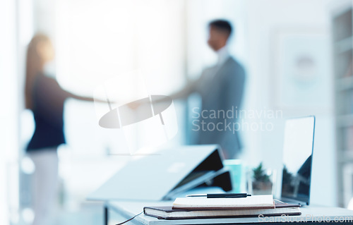 Image of Handshake, meeting notebook and business people in office with thank you, deal and agreement. Company team, shaking hands and networking of staff with interview, onboarding and hiring with paperwork