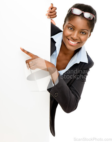 Image of Pointing, mockup poster and portrait of a black woman isolated on a white background in a studio. Happy, presentation and an African business ambassador with a blank sign for information space