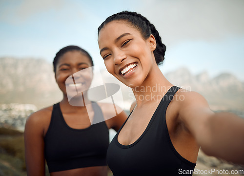 Image of Fitness friends in selfie at beach, women face after workout together with happiness and active life outdoor. Exercise in nature, healthy and happy with female people training and smile in picture