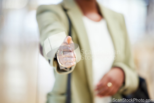 Image of Business woman, handshake and meeting for introduction, hiring or welcome in b2b agreement or deal at the office. Hand of female person or employee shaking hands for recruiting, greeting or thank you