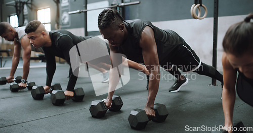 Image of Gym group, weight and floor plank with workout, training and exercise with strength. Diversity, people and strong challenge for body lifting and fitness of athlete friends with dumbbell for health