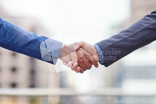 Image of Handshake, business teamwork and people of city with success, staff agreement and partnership. Closeup of team, collaboration and deal of workers in support, greeting and welcome with shaking hands