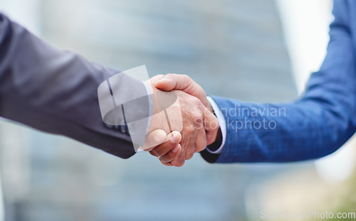 Image of Handshake, city business men and motivation of staff with success, agreement and partnership. Team work, collaboration and deal of businessman with a greeting and welcome hand gesture with partner