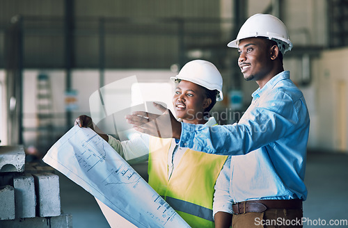 Image of Black people, architect and blueprint in construction, planning or teamwork for project management on site. African man and woman contractor with floor plan and documents for industrial architecture