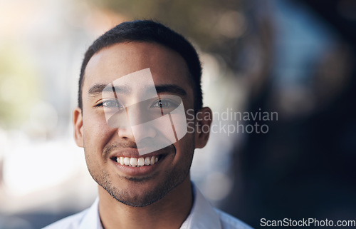 Image of Happy, smile and portrait of business man in city for mockup space, career or professional. Happiness, mindset and pride with face of Indonesia male employee for corporate, entrepreneur and natural