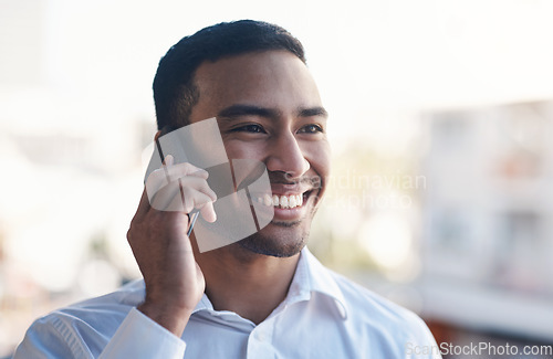 Image of Phone call, business and happy man in city communication, networking and contact, feedback or advice. Professional asian person or corporate worker listening and talking on mobile chat outdoor