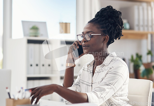 Image of Speaking, phone call and business woman for communication, planning and management advice in home office. Talking, problem solving and remote work of african person or worker on mobile for discussion