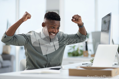 Image of Black man, laptop and celebration for winning, success or victory and bonus in promotion at office. Excited African male person in joy with fists for win, lottery or prize on technology at workplace