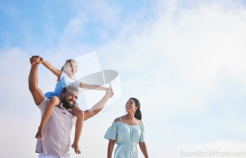 Image of Piggyback, beach or parents walking with a girl for a holiday vacation together with happiness in summer. Holding hands, mother and father playing or enjoying family time with a happy child or kid