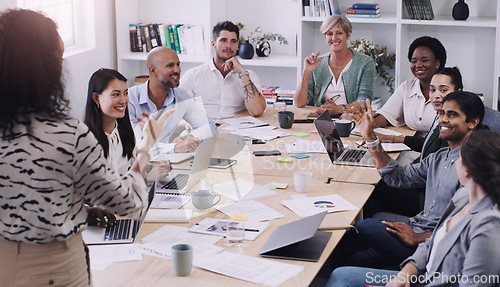 Image of Professional, people and listen to a presentation in the boardroom with creative planning. Diversity, group and business listening to presenter for a collaboration and startup online at the office.