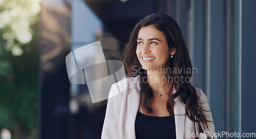Image of Happy, corporate and business woman in city for mockup space, professional or happiness. Commute, modern and natural with female employee thinking in urban outdoor for motivation, confident and pride