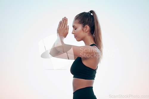 Image of Fitness, woman with yoga exercise and meditation outdoors for peace or freedom. Workout or training, meditating and female athlete practicing outside for balance or health wellness lifestyle