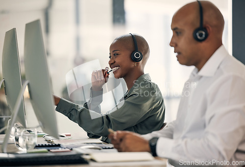 Image of Customer service, talking and a woman with a headset at computer for call center sales. African female and man or team in crm, telemarketing or help desk support for account solution or advice