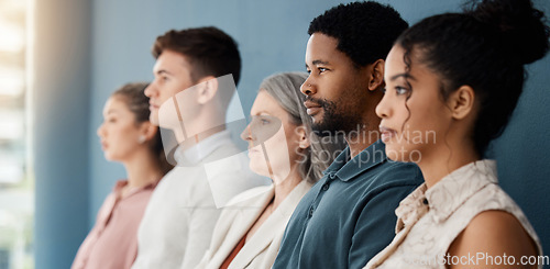 Image of Hiring, row and business people waiting for job interview, vacancy and career opportunity in office. Corporate, diversity and men and women candidates for hr meeting, recruitment and employment