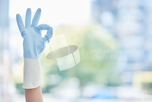 Image of Hands, housekeeper and gloves with okay sign for cleaning, hygiene or home maintenance. Hand of person or cleaner with ok symbol, gesture and rubber glove for precise, perfect or bacteria free house