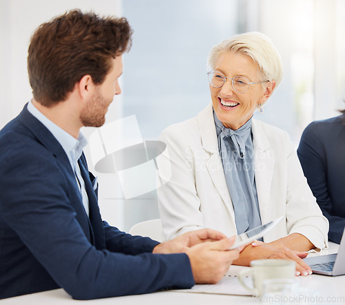 Image of Business people, conversation and happy senior manager, team or leader talking about project, planning meeting report. Teamwork, happiness and elderly woman, man or team laugh at funny corporate joke