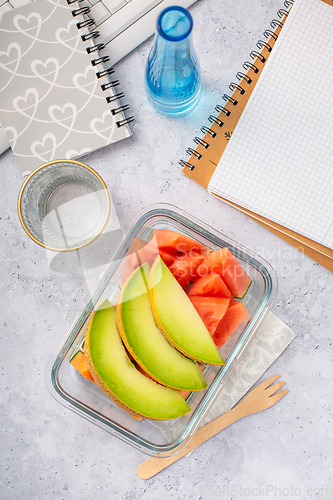 Image of Healthy snack at office workplace, organic vegan meals from take away lunch box