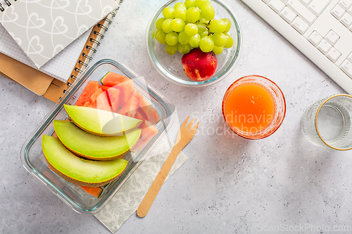 Image of Healthy snack at office workplace, organic vegan meals from take away lunch box