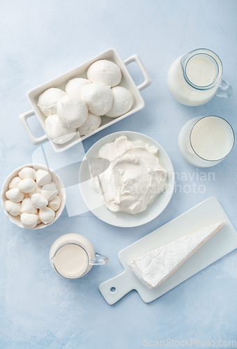 Image of Assortment of milk products - buttermilk, kefir, yogurt with probiotics, ayran, cheese,  mozzarella, quark and cream.