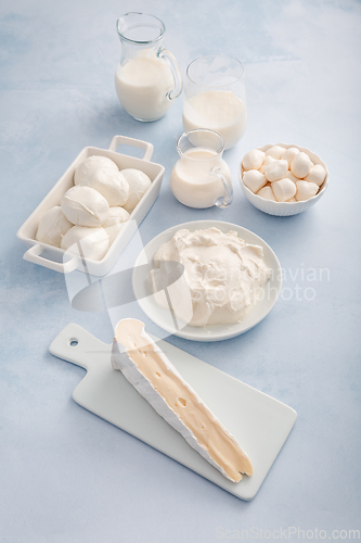 Image of Assortment of milk products - buttermilk, kefir, yogurt with pro
