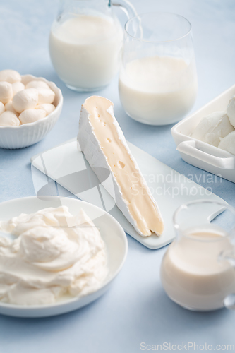 Image of Assortment of milk products - buttermilk, kefir, yogurt with probiotics, ayran, cheese,  mozzarella, quark and cream.