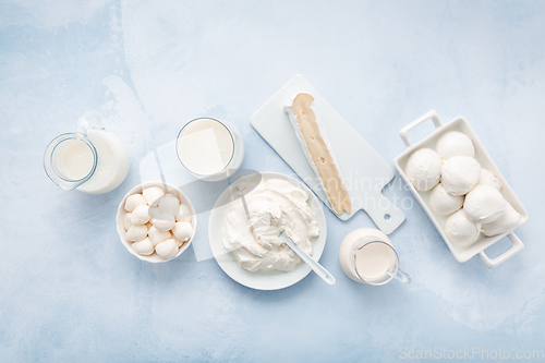 Image of Assortment of milk products - buttermilk, kefir, yogurt with pro