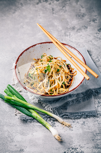 Image of Korean bean sprout salad - spicy mung bean sprouts salad with garlic, sesame seeds, green onions and soy sauce