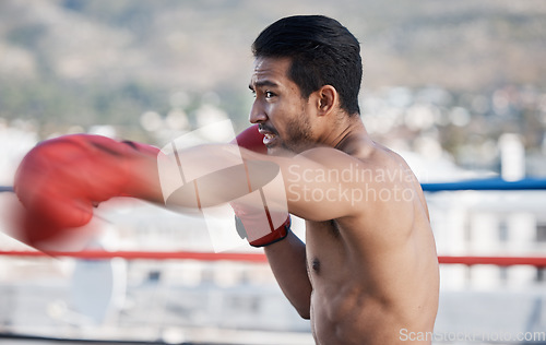 Image of Rooftop, fitness and man boxing, training and exercise with wellness, competition and exercise. Male person, boxer and athlete outdoor, punching and activity with focus, gloves and fighting skills