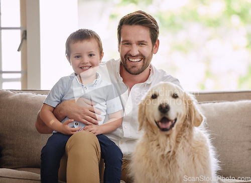 Image of Father, home portrait and dog with child in living room for love, happiness and quality time. Animal, pet and dad with young kid, golden retriever and smile to relax on a sofa in a lounge together