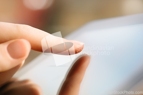 Image of Hand, woman and touching tablet, screen and responsive technology for typing online with an app, network or social media. Hands, touchscreen and reading news, blog or search on internet website