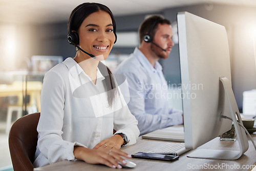 Image of Call center, consulting and computer with portrait of woman in office for communication, customer service or help desk. Happy, sales and advice with employee for commitment, contact us and hotline