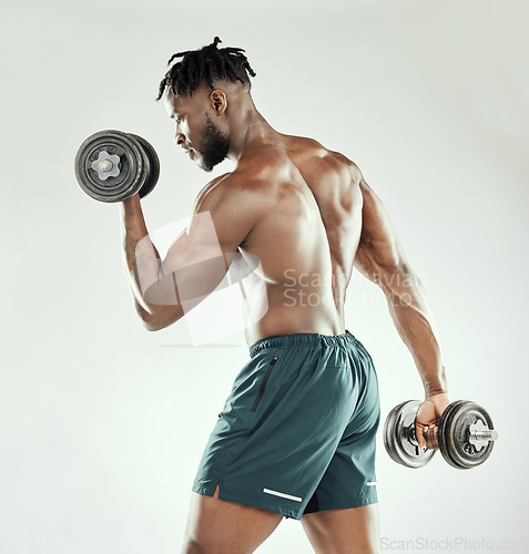 Image of Exercise, strong and black man with dumbbells, workout goal and healthy guy on a white studio background. Male person, model or bodybuilder with gym equipment, strength and power with muscle and body